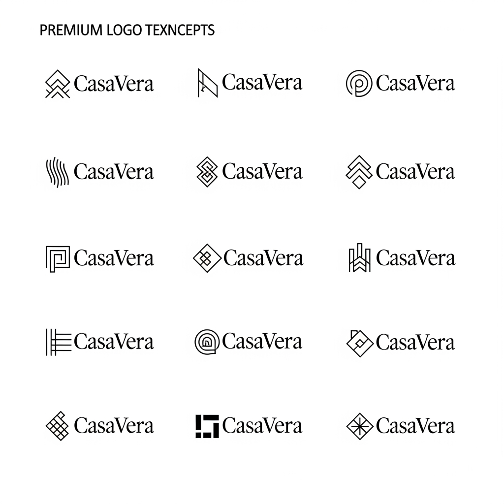 AI Design for Act as the Creative Director of a premium branding agency.
Design a sophisticated combination logo for the premium home textile brand "CasaVera."
Create 12 different logo concepts on a clean white presentation board.
Each concept must include:
• One minimal abstract symbol placed to the LEFT of the CasaVera wordmark.
• The symbol and typography must feel visually balanced and belong to the same design system.
• Use a refined serif wordmark with elegant proportions.
• The icon should be inspired by the relationship between home architecture and flowing textiles using simple geometric forms and subtle negative space.
• Keep the symbol minimal, memorable, and premium.
• Avoid literal houses, curtains, roofs, sofas, furniture, fabric rolls, windows, or decorative ornaments.
• Do not use monograms (CV).
• Do not stack the icon above the typography.
• The icon should align with the cap height or optical center of the wordmark like premium European furniture and interior brands.
• Each concept should explore a different abstract symbol while maintaining a consistent premium aesthetic.
Style:
Modern European
Minimal
Architectural
Quiet Luxury
Timeless
Premium
Elegant
Balanced
Presentation:
• White background
• Black vector artwork only
• No gradients
• No shadows
• No textures
• No mockups
• No 3D
• No gold
• No business cards
The final board should resemble an internal logo exploration sheet from a professional branding agency, with clean spacing and presentation-ready concepts suitable for initial client approval.