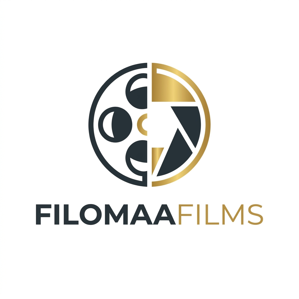 AI Design for A professional, minimalist logo design for a film production company named filomaafilms. The design features a stylized, elegant fusion of a film reel and a camera shutter, using a sophisticated color palette of deep charcoal and metallic gold. The typography is sleek, modern, and clean, set against a solid white background to ensure versatility and high-end brand recognition.