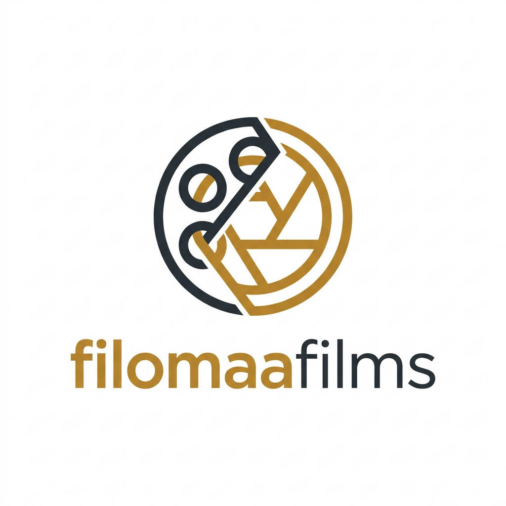 AI Design for A professional, minimalist logo design for a film production company named filomaafilms. The design features a stylized, elegant fusion of a film reel and a camera shutter, using a sophisticated color palette of deep charcoal and metallic gold. The typography is sleek, modern, and clean, set against a solid white background to ensure versatility and high-end brand recognition.