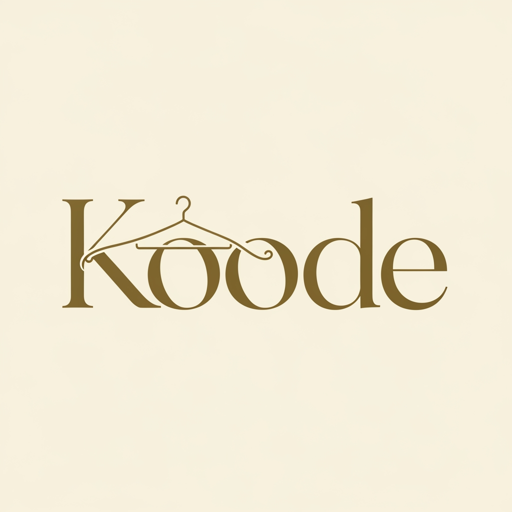 AI Design for Design a bespoke luxury wordmark for “Koode” with a refined high-fashion serif typeface inspired by understated European fashion houses. The typography should be elegant, minimal, timeless, and highly legible. The letters should feature graceful high-contrast strokes, generous spacing, and subtle custom modifications rather than decorative script. The capital “K” should be the hero element—custom drawn so its horizontal arm seamlessly transforms into a minimalist clothes hanger using one continuous flowing line. The hanger should be integrated so naturally that the letter remains immediately recognizable as a “K” before the hanger is noticed. The “K” may also subtly suggest the silhouette of a woman through negative space, without becoming illustrative. Avoid leaves, flowers, butterflies, crowns, sparkles, or obvious fashion clichés. The remaining letters “oode” should remain clean, elegant, and balanced. Use a warm olive-brown color on a soft cream background to create a calm, premium aesthetic suitable for woven labels, garment tags, shopping bags, embroidery, and digital branding. The overall impression should feel iconic, sophisticated, and instantly recognizable.