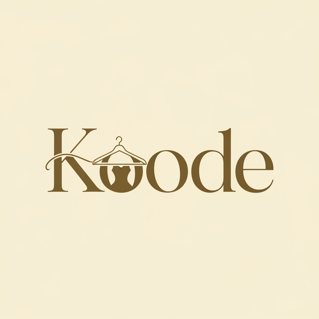 AI Design for Design a bespoke luxury wordmark for “Koode” with a refined high-fashion serif typeface inspired by understated European fashion houses. The typography should be elegant, minimal, timeless, and highly legible. The letters should feature graceful high-contrast strokes, generous spacing, and subtle custom modifications rather than decorative script. The capital “K” should be the hero element—custom drawn so its horizontal arm seamlessly transforms into a minimalist clothes hanger using one continuous flowing line. The hanger should be integrated so naturally that the letter remains immediately recognizable as a “K” before the hanger is noticed. The “K” may also subtly suggest the silhouette of a woman through negative space, without becoming illustrative. Avoid leaves, flowers, butterflies, crowns, sparkles, or obvious fashion clichés. The remaining letters “oode” should remain clean, elegant, and balanced. Use a warm olive-brown color on a soft cream background to create a calm, premium aesthetic suitable for woven labels, garment tags, shopping bags, embroidery, and digital branding. The overall impression should feel iconic, sophisticated, and instantly recognizable.