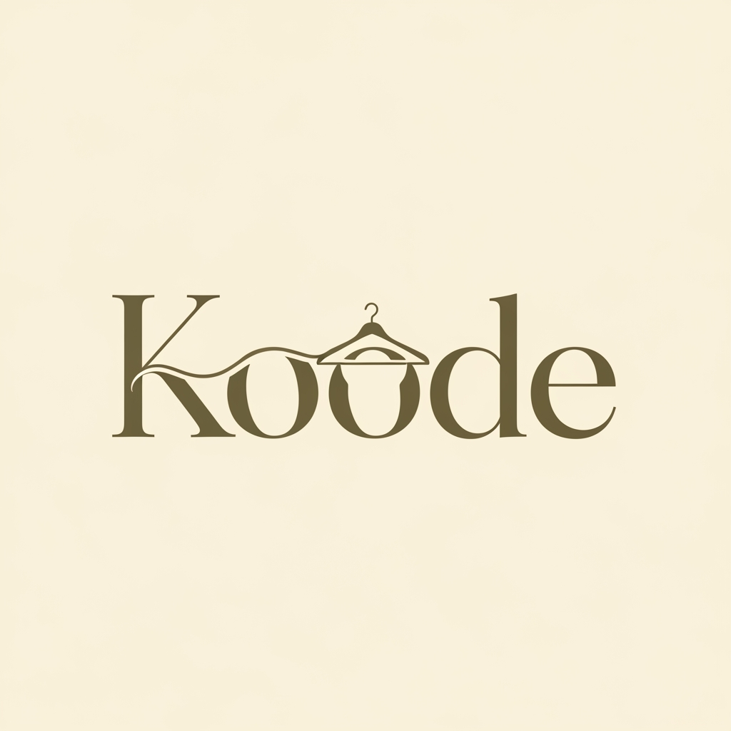 AI Design for Design a bespoke luxury wordmark for “Koode” with a refined high-fashion serif typeface inspired by understated European fashion houses. The typography should be elegant, minimal, timeless, and highly legible. The letters should feature graceful high-contrast strokes, generous spacing, and subtle custom modifications rather than decorative script. The capital “K” should be the hero element—custom drawn so its horizontal arm seamlessly transforms into a minimalist clothes hanger using one continuous flowing line. The hanger should be integrated so naturally that the letter remains immediately recognizable as a “K” before the hanger is noticed. The “K” may also subtly suggest the silhouette of a woman through negative space, without becoming illustrative. Avoid leaves, flowers, butterflies, crowns, sparkles, or obvious fashion clichés. The remaining letters “oode” should remain clean, elegant, and balanced. Use a warm olive-brown color on a soft cream background to create a calm, premium aesthetic suitable for woven labels, garment tags, shopping bags, embroidery, and digital branding. The overall impression should feel iconic, sophisticated, and instantly recognizable.