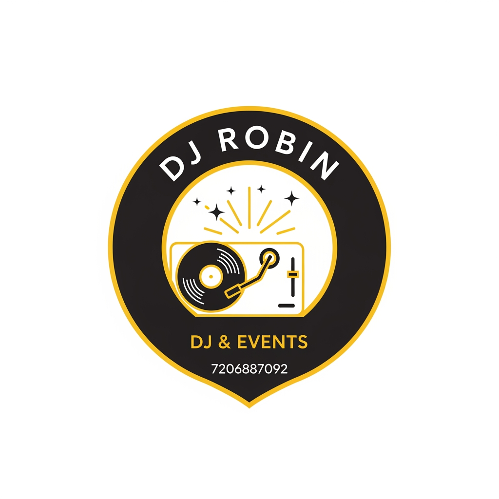 AI Design for Design a professional emblem logo for DJ ROBIN, a DJ & Events. 

STYLE REFERENCE: Inspired by the composition and badge,  do not copy any existing brand's exact symbol or wordmark. 

COMPOSITION:
- Circular/shield/crest-shaped badge enclosing both text and icon
- Icon: Related to Dj and Event 
- Typography: brand name curved along the top or bottom of the emblem, in [font style: serif/sans-serif/hand-lettered]
- Optional tagline is contact number : 
7206887092 

STYLE DETAILS:
- Color palette: [e.g., "deep black, yellow, and gold"]
- Line style: [e.g., "clean single-weight linework" or "hand-etched engraved detail"]
- Overall mood: Party and premium 
- Flat vector illustration style, no gradients or photorealism
- Must work as a single-color silhouette (for stamping/engraving)
- Centered composition on a plain white or transparent background
- No drop shadows, no 3D bevel