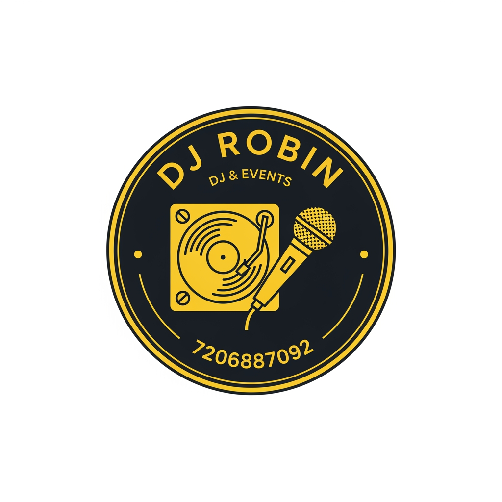 AI Design for Design a professional emblem logo for DJ ROBIN, a DJ & Events. 

STYLE REFERENCE: Inspired by the composition and badge,  do not copy any existing brand's exact symbol or wordmark. 

COMPOSITION:
- Circular/shield/crest-shaped badge enclosing both text and icon
- Icon: Related to Dj and Event 
- Typography: brand name curved along the top or bottom of the emblem, in [font style: serif/sans-serif/hand-lettered]
- Optional tagline is contact number : 
7206887092 

STYLE DETAILS:
- Color palette: [e.g., "deep black, yellow, and gold"]
- Line style: [e.g., "clean single-weight linework" or "hand-etched engraved detail"]
- Overall mood: Party and premium 
- Flat vector illustration style, no gradients or photorealism
- Must work as a single-color silhouette (for stamping/engraving)
- Centered composition on a plain white or transparent background
- No drop shadows, no 3D bevel