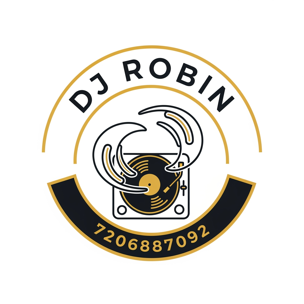 AI Design for Design a professional emblem logo for DJ ROBIN, a DJ & Events. 

STYLE REFERENCE: Inspired by the composition and badge,  do not copy any existing brand's exact symbol or wordmark. 

COMPOSITION:
- Circular/shield/crest-shaped badge enclosing both text and icon
- Icon: Related to Dj and Event 
- Typography: brand name curved along the top or bottom of the emblem, in [font style: serif/sans-serif/hand-lettered]
- Optional tagline is contact number : 
7206887092 

STYLE DETAILS:
- Color palette: [e.g., "deep black, yellow, and gold"]
- Line style: [e.g., "clean single-weight linework" or "hand-etched engraved detail"]
- Overall mood: Party and premium 
- Flat vector illustration style, no gradients or photorealism
- Must work as a single-color silhouette (for stamping/engraving)
- Centered composition on a plain white or transparent background
- No drop shadows, no 3D bevel