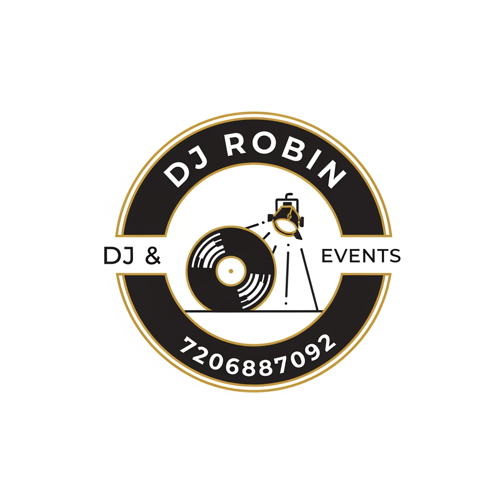 AI Design for Design a professional emblem logo for DJ ROBIN, a DJ & Events. 

STYLE REFERENCE: Inspired by the composition and badge,  do not copy any existing brand's exact symbol or wordmark. 

COMPOSITION:
- Circular/shield/crest-shaped badge enclosing both text and icon
- Icon: Related to Dj and Event 
- Typography: brand name curved along the top or bottom of the emblem, in [font style: serif/sans-serif/hand-lettered]
- Optional tagline is contact number : 
7206887092 

STYLE DETAILS:
- Color palette: [e.g., "deep black, yellow, and gold"]
- Line style: [e.g., "clean single-weight linework" or "hand-etched engraved detail"]
- Overall mood: Party and premium 
- Flat vector illustration style, no gradients or photorealism
- Must work as a single-color silhouette (for stamping/engraving)
- Centered composition on a plain white or transparent background
- No drop shadows, no 3D bevel