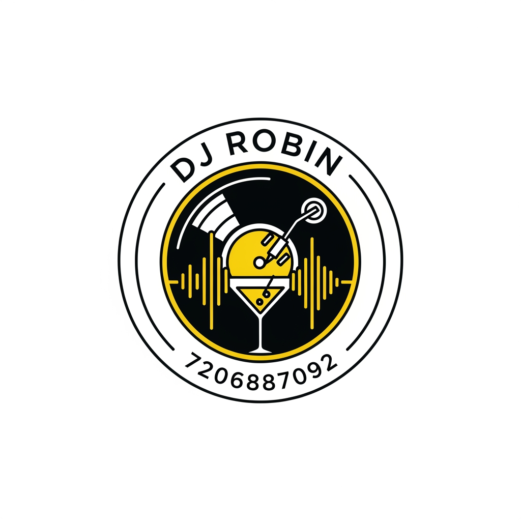 AI Design for Design a professional emblem logo for DJ ROBIN, a DJ & Events. 

STYLE REFERENCE: Inspired by the composition and badge,  do not copy any existing brand's exact symbol or wordmark. 

COMPOSITION:
- Circular/shield/crest-shaped badge enclosing both text and icon
- Icon: Related to Dj and Event 
- Typography: brand name curved along the top or bottom of the emblem, in [font style: serif/sans-serif/hand-lettered]
- Optional tagline is contact number : 
7206887092 

STYLE DETAILS:
- Color palette: [e.g., "deep black, yellow, and gold"]
- Line style: [e.g., "clean single-weight linework" or "hand-etched engraved detail"]
- Overall mood: Party and premium 
- Flat vector illustration style, no gradients or photorealism
- Must work as a single-color silhouette (for stamping/engraving)
- Centered composition on a plain white or transparent background
- No drop shadows, no 3D bevel