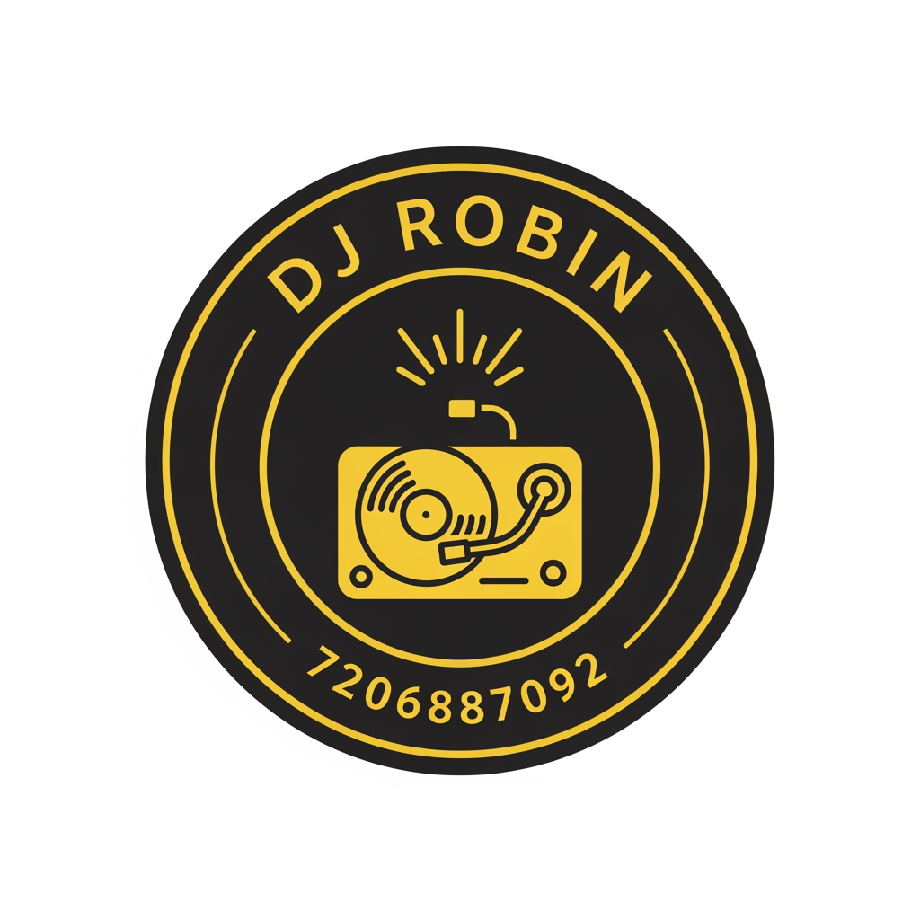 AI Design for Design a professional emblem logo for DJ ROBIN, a DJ & Events. 

STYLE REFERENCE: Inspired by the composition and badge,  do not copy any existing brand's exact symbol or wordmark. 

COMPOSITION:
- Circular/shield/crest-shaped badge enclosing both text and icon
- Icon: Related to Dj and Event 
- Typography: brand name curved along the top or bottom of the emblem, in [font style: serif/sans-serif/hand-lettered]
- Optional tagline is contact number : 
7206887092 

STYLE DETAILS:
- Color palette: [e.g., "deep black, yellow, and gold"]
- Line style: [e.g., "clean single-weight linework" or "hand-etched engraved detail"]
- Overall mood: Party and premium 
- Flat vector illustration style, no gradients or photorealism
- Must work as a single-color silhouette (for stamping/engraving)
- Centered composition on a plain white or transparent background
- No drop shadows, no 3D bevel