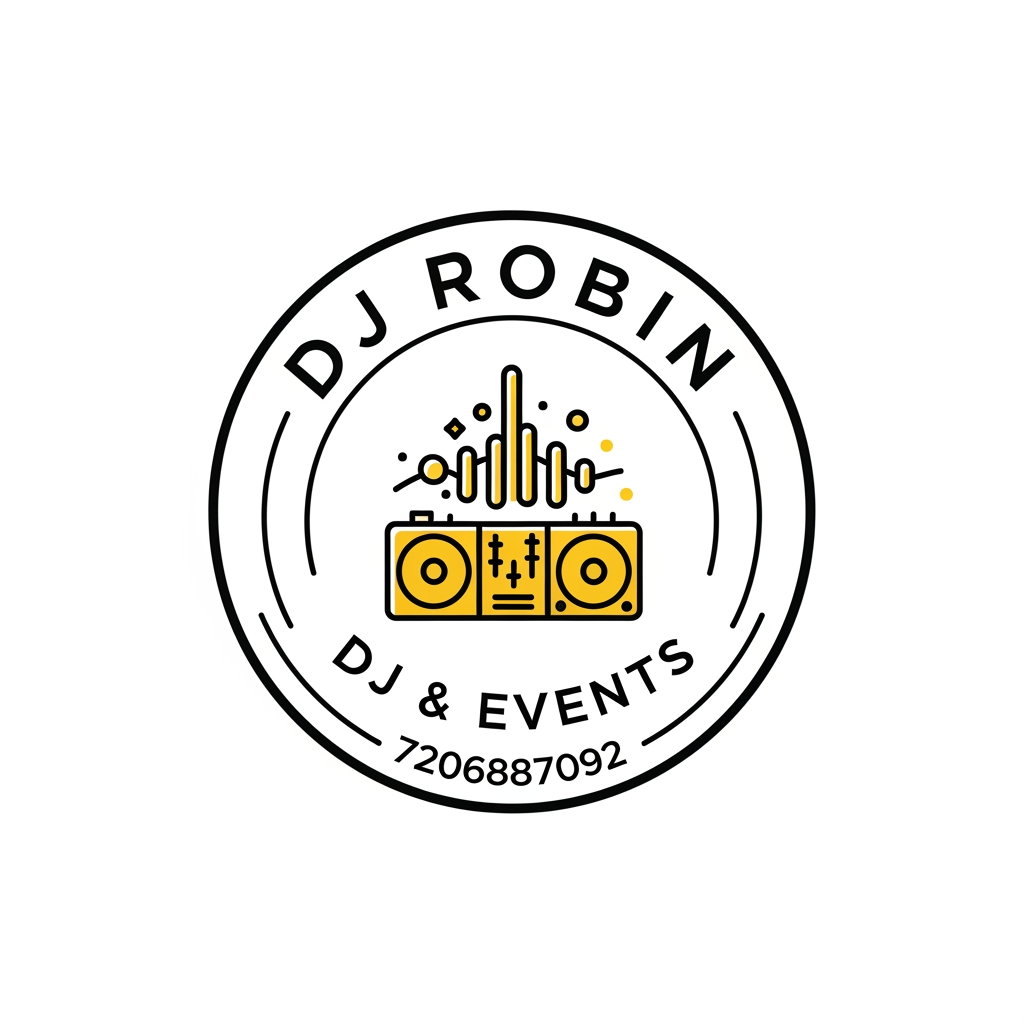 AI Design for Design a professional emblem logo for DJ ROBIN, a DJ & Events. 

STYLE REFERENCE: Inspired by the composition and badge,  do not copy any existing brand's exact symbol or wordmark. 

COMPOSITION:
- Circular/shield/crest-shaped badge enclosing both text and icon
- Icon: Related to Dj and Event 
- Typography: brand name curved along the top or bottom of the emblem, in [font style: serif/sans-serif/hand-lettered]
- Optional tagline is contact number : 
7206887092 

STYLE DETAILS:
- Color palette: [e.g., "deep black, yellow, and gold"]
- Line style: [e.g., "clean single-weight linework" or "hand-etched engraved detail"]
- Overall mood: Party and premium 
- Flat vector illustration style, no gradients or photorealism
- Must work as a single-color silhouette (for stamping/engraving)
- Centered composition on a plain white or transparent background
- No drop shadows, no 3D bevel