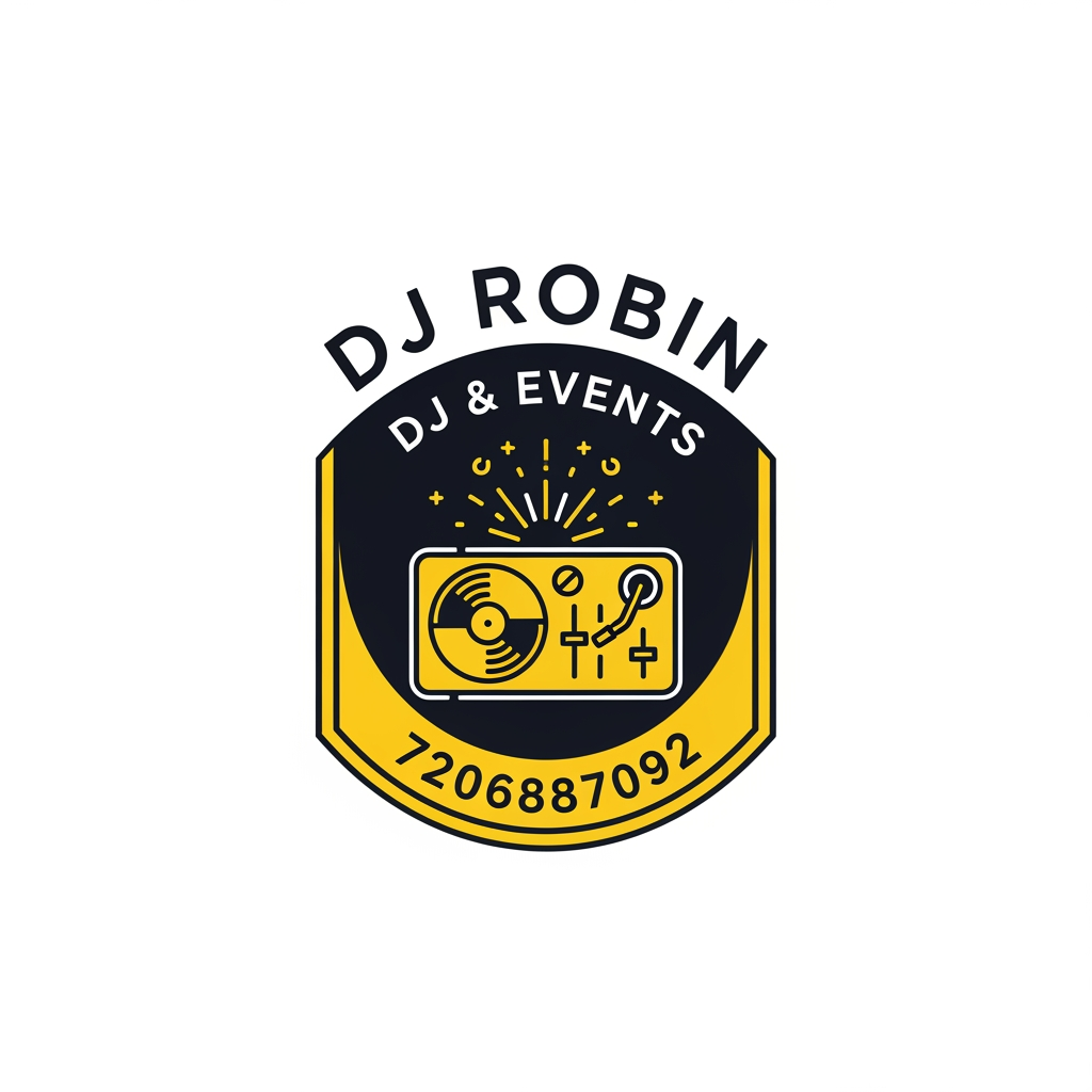 AI Design for Design a professional emblem logo for DJ ROBIN, a DJ & Events. 

STYLE REFERENCE: Inspired by the composition and badge,  do not copy any existing brand's exact symbol or wordmark. 

COMPOSITION:
- Circular/shield/crest-shaped badge enclosing both text and icon
- Icon: Related to Dj and Event 
- Typography: brand name curved along the top or bottom of the emblem, in [font style: serif/sans-serif/hand-lettered]
- Optional tagline is contact number : 
7206887092 

STYLE DETAILS:
- Color palette: [e.g., "deep black, yellow, and gold"]
- Line style: [e.g., "clean single-weight linework" or "hand-etched engraved detail"]
- Overall mood: Party and premium 
- Flat vector illustration style, no gradients or photorealism
- Must work as a single-color silhouette (for stamping/engraving)
- Centered composition on a plain white or transparent background
- No drop shadows, no 3D bevel