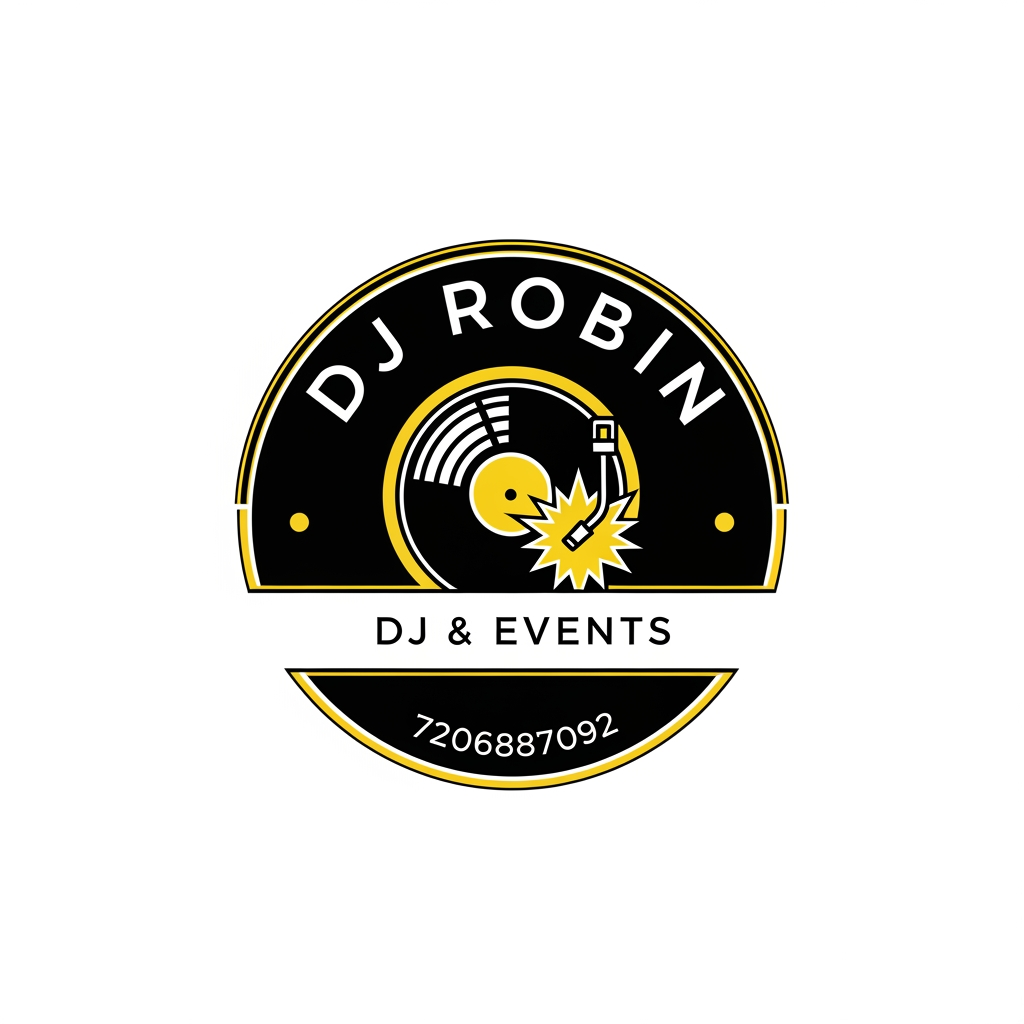 AI Design for Design a professional emblem logo for DJ ROBIN, a DJ & Events. 

STYLE REFERENCE: Inspired by the composition and badge,  do not copy any existing brand's exact symbol or wordmark. 

COMPOSITION:
- Circular/shield/crest-shaped badge enclosing both text and icon
- Icon: Related to Dj and Event 
- Typography: brand name curved along the top or bottom of the emblem, in [font style: serif/sans-serif/hand-lettered]
- Optional tagline is contact number : 
7206887092 

STYLE DETAILS:
- Color palette: [e.g., "deep black, yellow, and gold"]
- Line style: [e.g., "clean single-weight linework" or "hand-etched engraved detail"]
- Overall mood: Party and premium 
- Flat vector illustration style, no gradients or photorealism
- Must work as a single-color silhouette (for stamping/engraving)
- Centered composition on a plain white or transparent background
- No drop shadows, no 3D bevel
