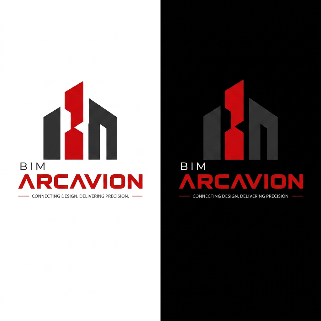 AI Design for Create a premium corporate logo for BIM ARCAVION based on the uploaded reference. Keep the exact same layout, proportions, spacing, typography hierarchy, and composition.
Design Requirements:
Use the same geometric building icon on the left with three architectural buildings.
Apply a red and black color palette instead of the current blue and orange.
Left and right buildings: matte charcoal/dark gray (#2B2B2B to #4A4A4A).
Center building: bold premium red (#E10613).
"BIM" text: white on dark backgrounds and charcoal (#2B2B2B) on light backgrounds.
"ARCAVION" text: solid premium red (#E10613).
Tagline: "CONNECTING DESIGN. DELIVERING PRECISION." in dark gray/white depending on background.
Keep the thin horizontal accent lines in red.
Typography:
Do not change the font style.
Keep the same letter spacing, font weight, alignment, and text sizes.
"BIM" should remain smaller than "ARCAVION".
Layout:
Preserve the exact alignment and spacing from the reference.
Do not move or resize any element.
Do not redesign the building icon.
Only replace the colors with the new red and charcoal palette.
Style:
Modern, premium, architectural, BIM/construction technology branding.
Flat vector logo.
Clean edges with no gradients, bevels, shadows, glow, or 3D effects.
Professional corporate identity suitable for website, business cards, and signage.
Output:
Generate the logo in both:
White background
Black background
Maintain the exact visual identity of the reference while only changing the color palette.