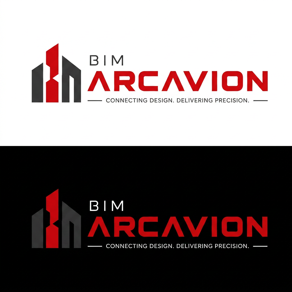 AI Design for Create a premium corporate logo for BIM ARCAVION based on the uploaded reference. Keep the exact same layout, proportions, spacing, typography hierarchy, and composition.
Design Requirements:
Use the same geometric building icon on the left with three architectural buildings.
Apply a red and black color palette instead of the current blue and orange.
Left and right buildings: matte charcoal/dark gray (#2B2B2B to #4A4A4A).
Center building: bold premium red (#E10613).
"BIM" text: white on dark backgrounds and charcoal (#2B2B2B) on light backgrounds.
"ARCAVION" text: solid premium red (#E10613).
Tagline: "CONNECTING DESIGN. DELIVERING PRECISION." in dark gray/white depending on background.
Keep the thin horizontal accent lines in red.
Typography:
Do not change the font style.
Keep the same letter spacing, font weight, alignment, and text sizes.
"BIM" should remain smaller than "ARCAVION".
Layout:
Preserve the exact alignment and spacing from the reference.
Do not move or resize any element.
Do not redesign the building icon.
Only replace the colors with the new red and charcoal palette.
Style:
Modern, premium, architectural, BIM/construction technology branding.
Flat vector logo.
Clean edges with no gradients, bevels, shadows, glow, or 3D effects.
Professional corporate identity suitable for website, business cards, and signage.
Output:
Generate the logo in both:
White background
Black background
Maintain the exact visual identity of the reference while only changing the color palette.