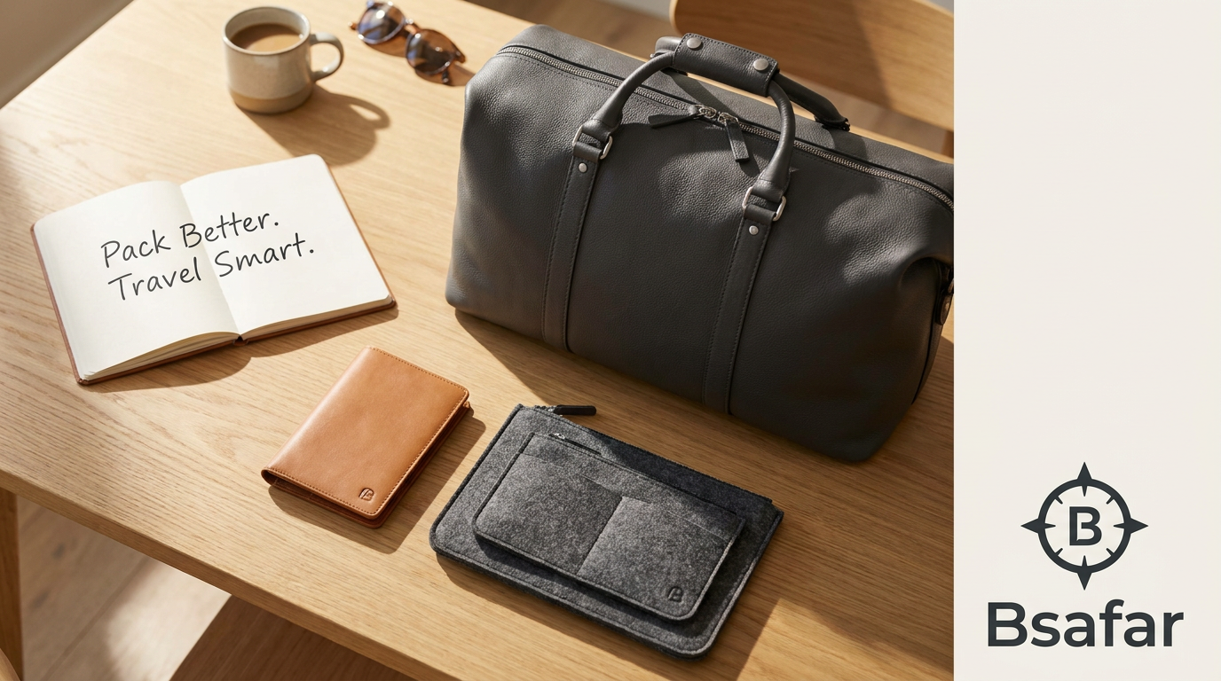AI Design for A high-end, lifestyle-focused product photography shot featuring a premium selection of travel gear including a sleek travel bag, a minimalist passport holder, and smart tech organizers. The items are arranged aesthetically on a clean, light-colored surface with soft, natural morning sunlight casting gentle shadows, evoking a sense of wanderlust and organization. The overall mood is sophisticated, airy, and adventurous, emphasizing the tagline 'Pack Better. Travel Smart.' with a focus on high-quality materials and thoughtful design. create a logo for Bsafar