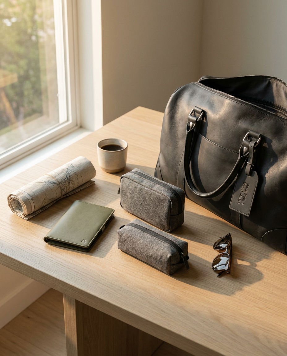 AI Design for A high-end, lifestyle-focused product photography shot featuring a premium selection of travel gear including a sleek travel bag, a minimalist passport holder, and smart tech organizers. The items are arranged aesthetically on a clean, light-colored surface with soft, natural morning sunlight casting gentle shadows, evoking a sense of wanderlust and organization. The overall mood is sophisticated, airy, and adventurous, emphasizing the tagline 'Pack Better. Travel Smart.' with a focus on high-quality materials and thoughtful design.