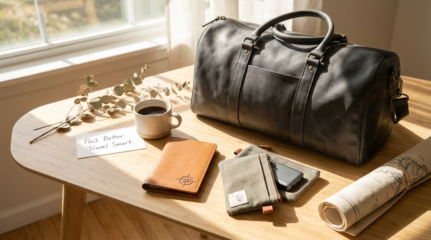 AI Design for A high-end, lifestyle-focused product photography shot featuring a premium selection of travel gear including a sleek travel bag, a minimalist passport holder, and smart tech organizers. The items are arranged aesthetically on a clean, light-colored surface with soft, natural morning sunlight casting gentle shadows, evoking a sense of wanderlust and organization. The overall mood is sophisticated, airy, and adventurous, emphasizing the tagline 'Pack Better. Travel Smart.' with a focus on high-quality materials and thoughtful design.