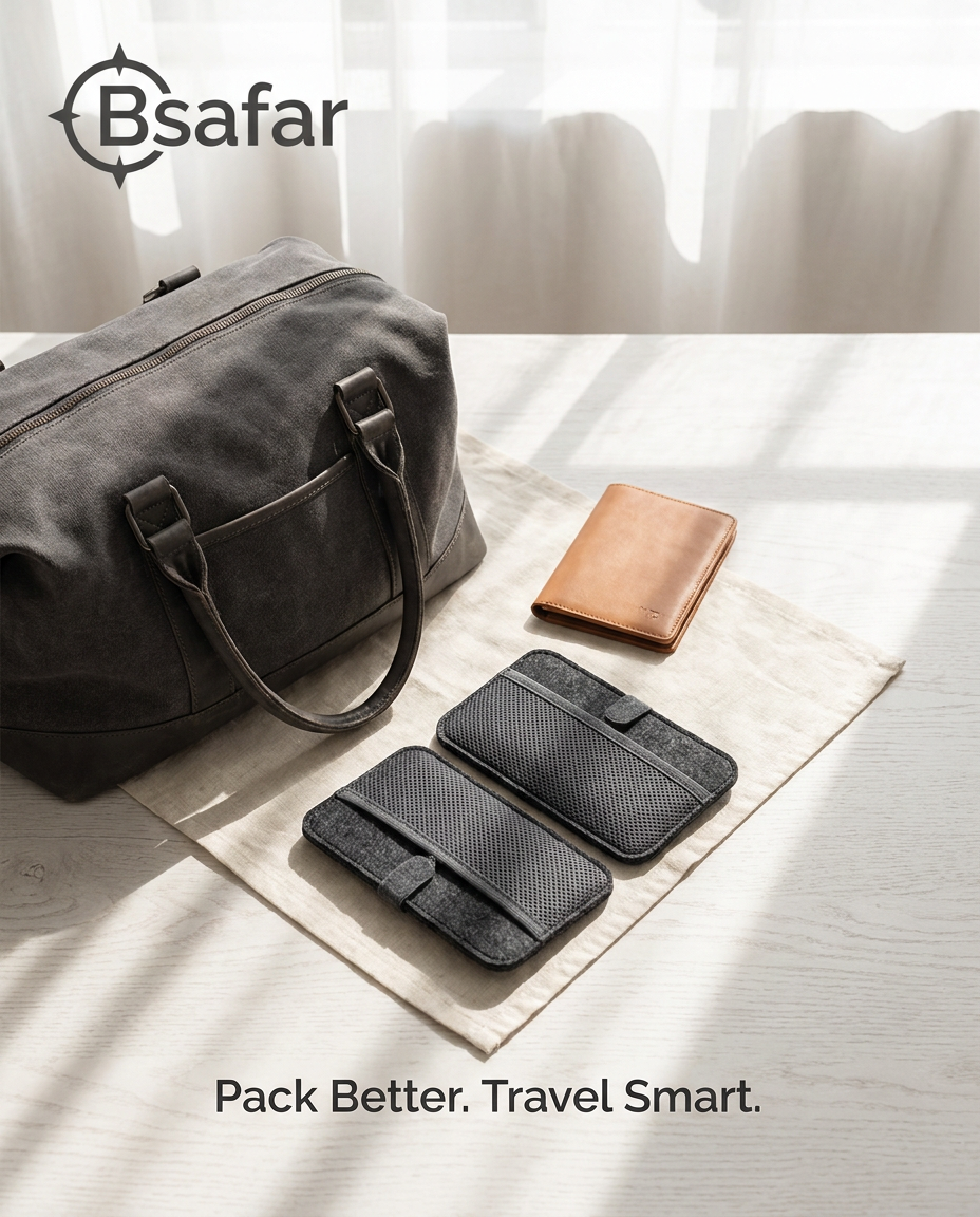 AI Design for A high-end, lifestyle-focused product photography shot featuring a premium selection of travel gear including a sleek travel bag, a minimalist passport holder, and smart tech organizers. The items are arranged aesthetically on a clean, light-colored surface with soft, natural morning sunlight casting gentle shadows, evoking a sense of wanderlust and organization. The overall mood is sophisticated, airy, and adventurous, emphasizing the tagline 'Pack Better. Travel Smart.' with a focus on high-quality materials and thoughtful design. create a logo for Bsafar
