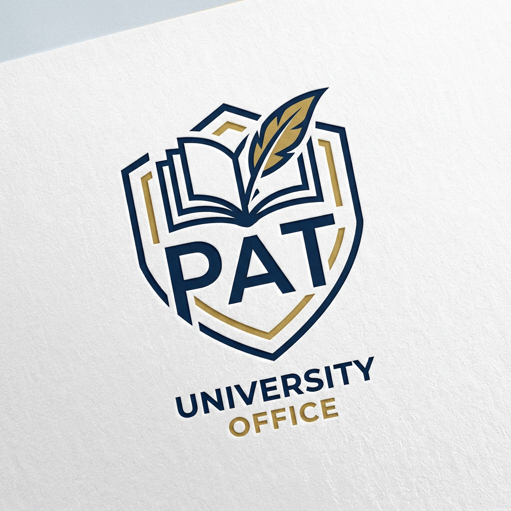 AI Design for A professional, minimalist university logo for the PAT office, featuring clean geometric lines and a sophisticated aesthetic. The design should incorporate academic motifs like an open book or a stylized quill integrated with modern typography, rendered in a refined color palette of navy blue and gold on a crisp white background.