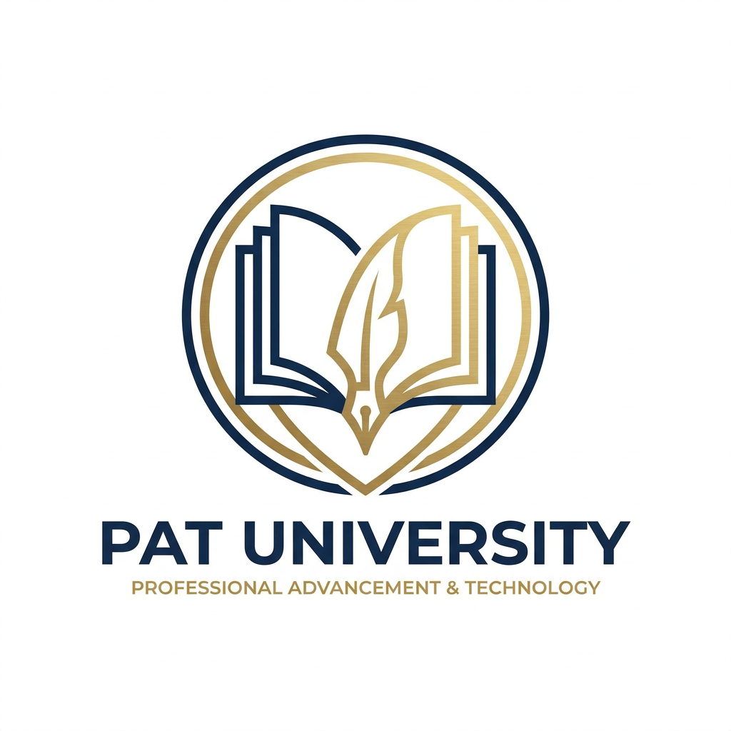 AI Design for A professional, minimalist university logo for the PAT office, featuring clean geometric lines and a sophisticated aesthetic. The design should incorporate academic motifs like an open book or a stylized quill integrated with modern typography, rendered in a refined color palette of navy blue and gold on a crisp white background.