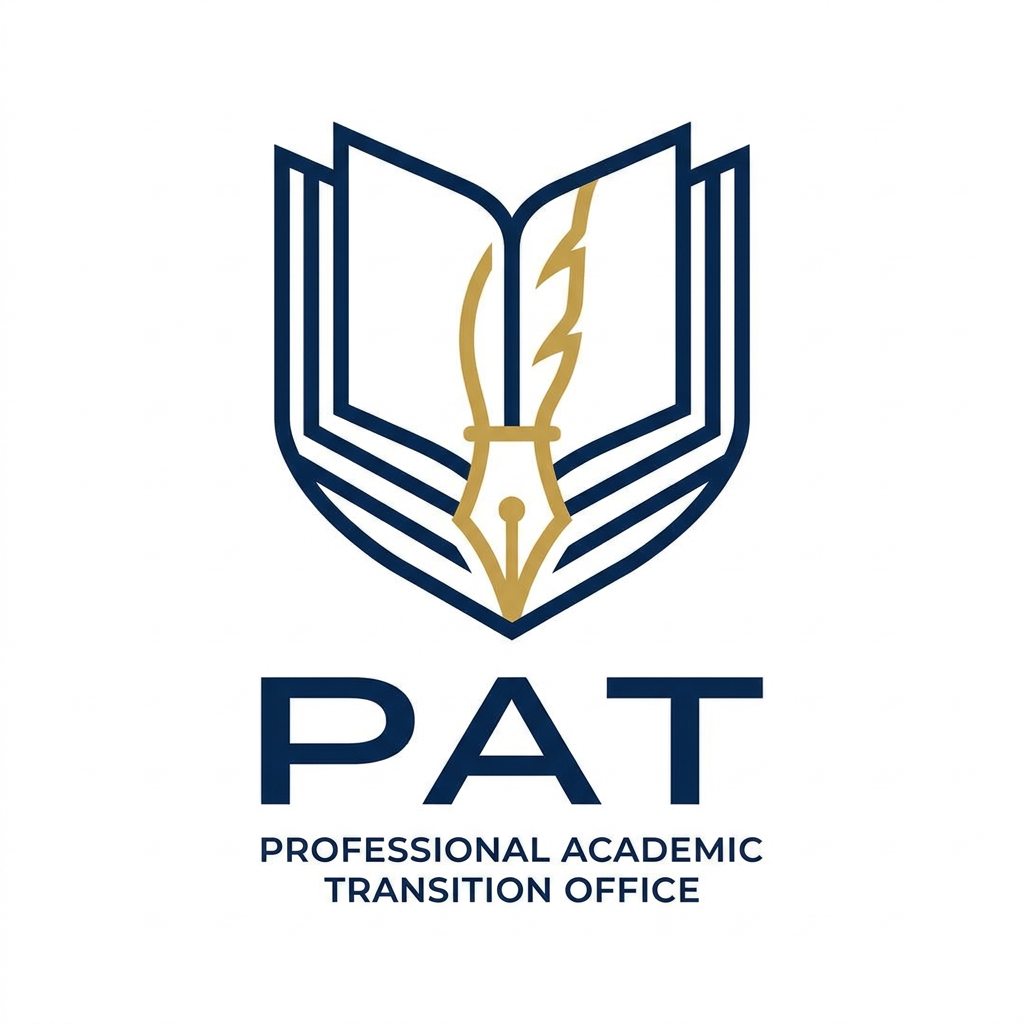 AI Design for A professional, minimalist university logo for the PAT office, featuring clean geometric lines and a sophisticated aesthetic. The design should incorporate academic motifs like an open book or a stylized quill integrated with modern typography, rendered in a refined color palette of navy blue and gold on a crisp white background.