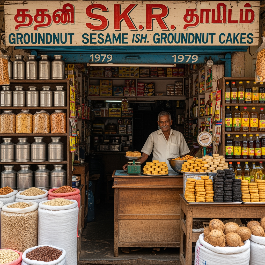 AI Design for skr which sells oils of grounut , sesame, coconut, lamp and also sells groundnut cake, sesame cake shop since 1979