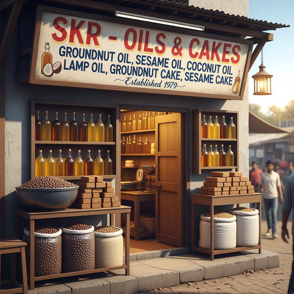AI Design for skr which sells oils of grounut , sesame, coconut, lamp and also sells groundnut cake, sesame cake shop since 1979