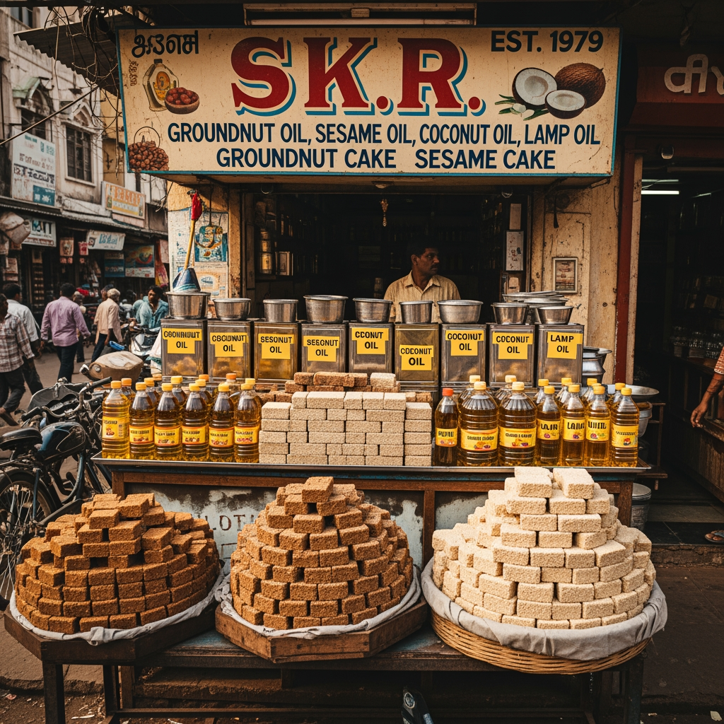 AI Design for skr which sells oils of grounut , sesame, coconut, lamp and also sells groundnut cake, sesame cake shop since 1979