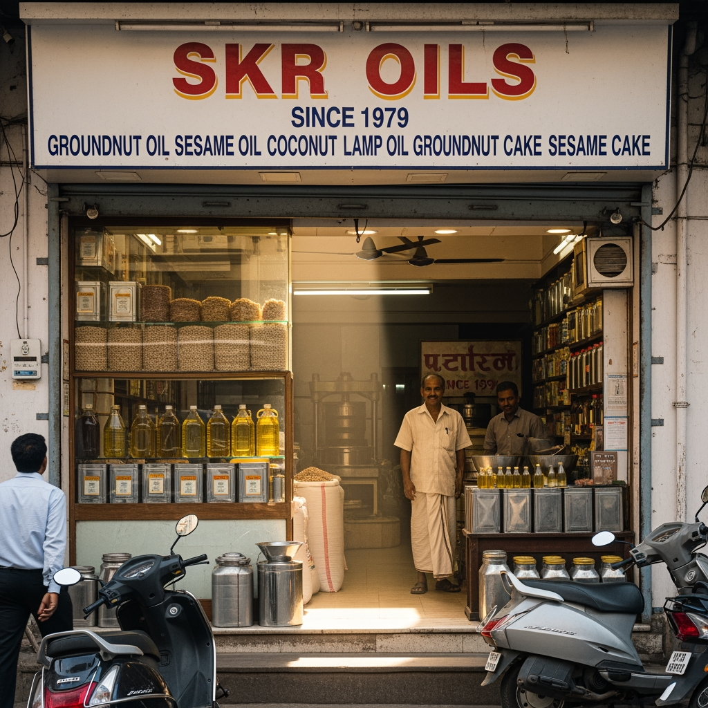 AI Design for skr which sells oils of grounut , sesame, coconut, lamp and also sells groundnut cake, sesame cake shop since 1979