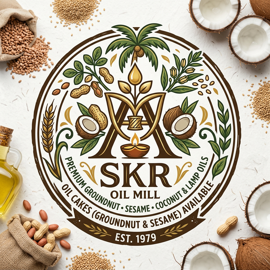 AI Design for skr which sells oils of grounut , sesame, coconut, lamp and also sells groundnut cake, sesame cake shop since 1979 i want logo it generally uses chekku create logo like 2nd image elegantly and meaningfully