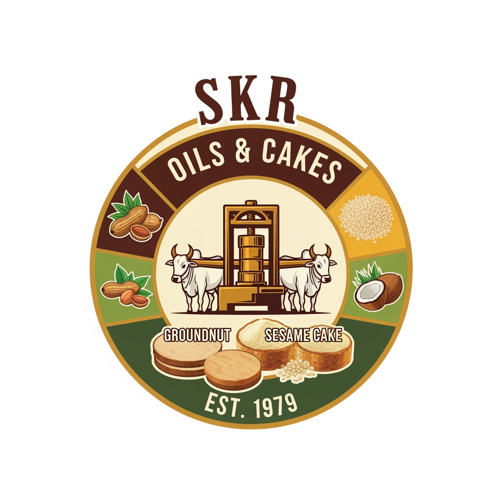AI Design for skr which sells oils of grounut , sesame, coconut, lamp and also sells groundnut cake, sesame cake shop since 1979 i want logo it generally uses chekku