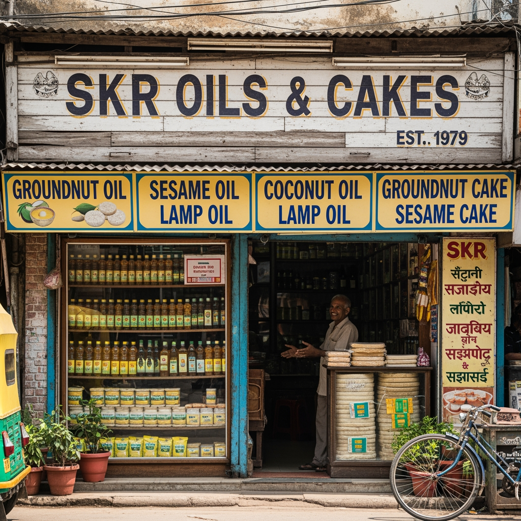 AI Design for skr which sells oils of grounut , sesame, coconut, lamp and also sells groundnut cake, sesame cake shop since 1979