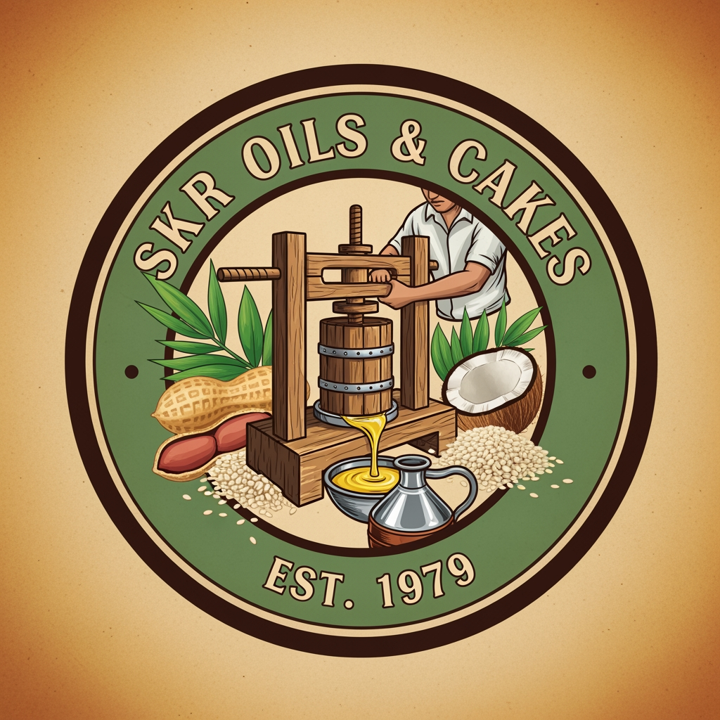 AI Design for skr which sells oils of grounut , sesame, coconut, lamp and also sells groundnut cake, sesame cake shop since 1979 i want logo it generally uses chekku