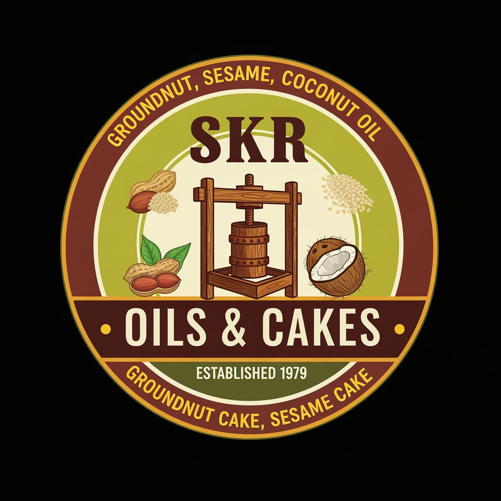 AI Design for skr which sells oils of grounut , sesame, coconut, lamp and also sells groundnut cake, sesame cake shop since 1979 i want logo it generally uses chekku