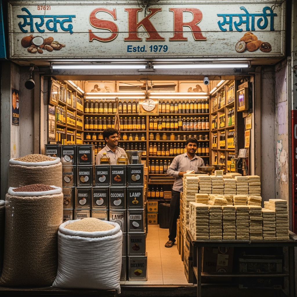 AI Design for skr which sells oils of grounut , sesame, coconut, lamp and also sells groundnut cake, sesame cake shop since 1979