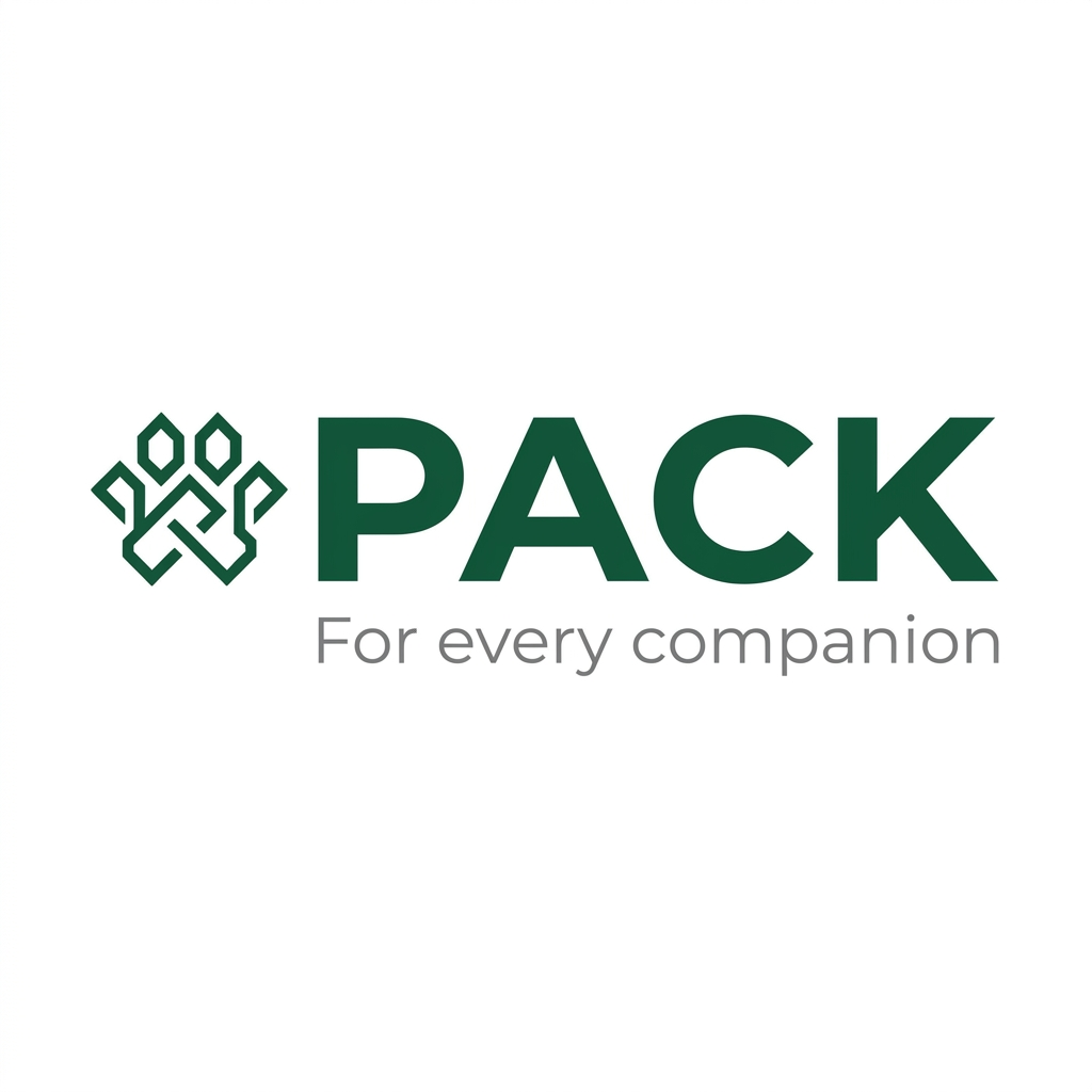 AI Design for A professional, minimalist brand LOGO for PACK, featuring a sleek, modern, sans-serif logotype in deep green. The design includes a subtle, abstract geometric icon representing connection and unity, animals, community, rendered with clean, sharp vector lines on a pristine white background. The composition is balanced and premium, suitable for a high-growth tech platform, with the tagline 'For every companion' set in a refined, lighter-weight typeface for perfect hierarchy.