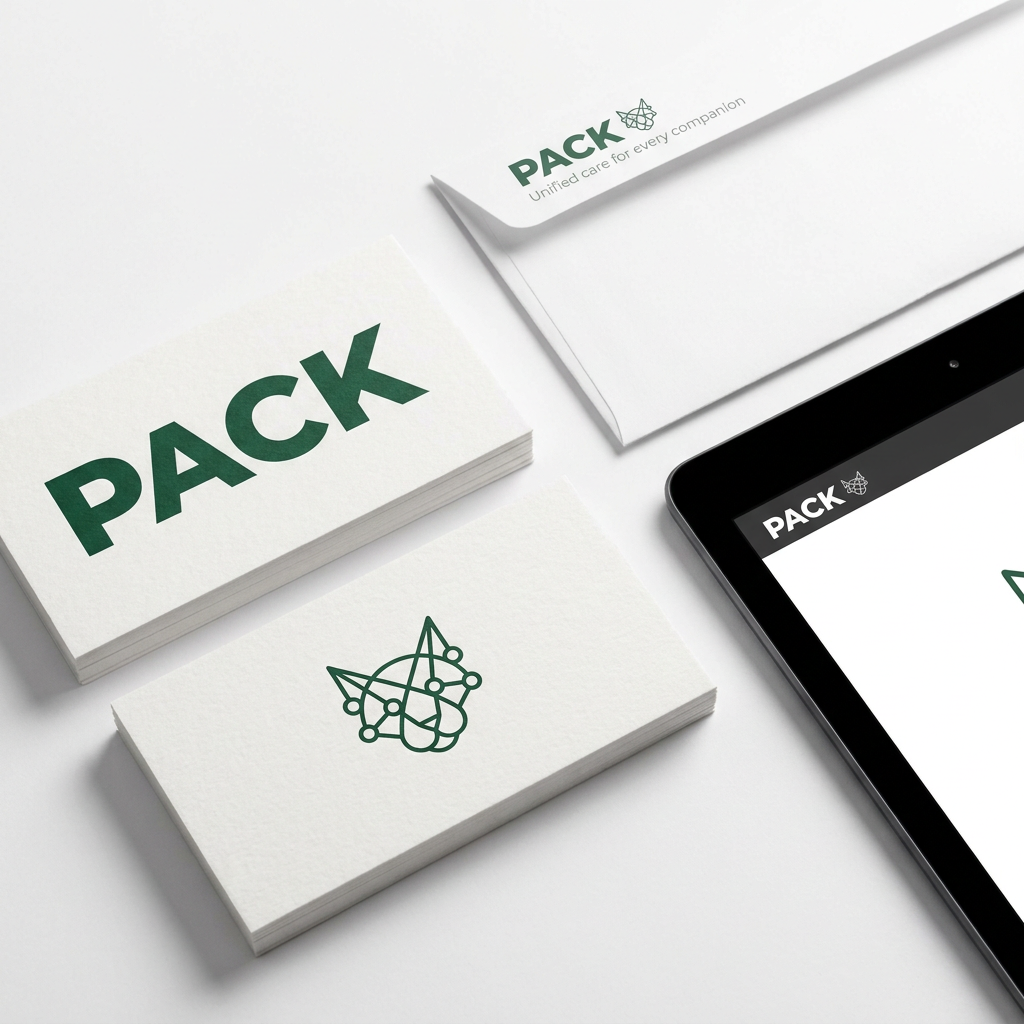 AI Design for A professional, minimalist brand identity for PACK, featuring a sleek, modern, sans-serif logotype in deep green. The design includes a subtle, abstract geometric icon representing connection and unity, animals, community, rendered with clean, sharp vector lines on a pristine white background. The composition is balanced and premium, suitable for a high-growth tech platform, with the tagline 'Unified care for every companion' set in a refined, lighter-weight typeface for perfect hierarchy.
