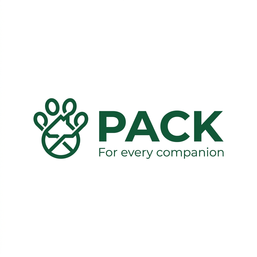 AI Design for A professional, minimalist brand LOGO for PACK, featuring a sleek, modern, sans-serif logotype in deep green. The design includes a subtle, abstract geometric icon representing connection and unity, animals, community, rendered with clean,vector lines on a pristine white background. The composition is balanced and premium, suitable for a high-growth tech platform, with the tagline 'For every companion' set in a refined, lighter-weight typeface for perfect hierarchy. And meaningful LOGO