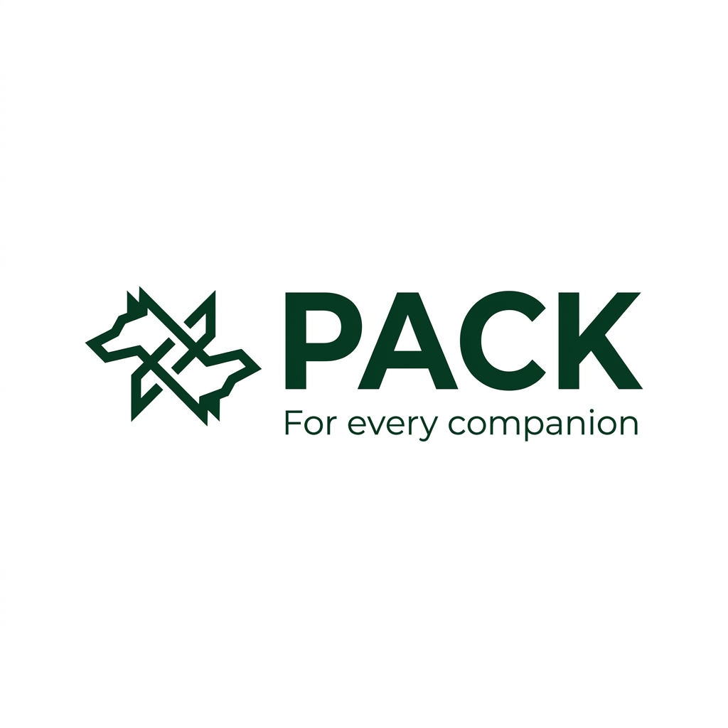 AI Design for A professional, minimalist brand LOGO for PACK, featuring a sleek, modern, sans-serif logotype in deep green. The design includes a subtle, abstract geometric icon representing connection and unity, animals, community, rendered with clean, sharp vector lines on a pristine white background. The composition is balanced and premium, suitable for a high-growth tech platform, with the tagline 'For every companion' set in a refined, lighter-weight typeface for perfect hierarchy.