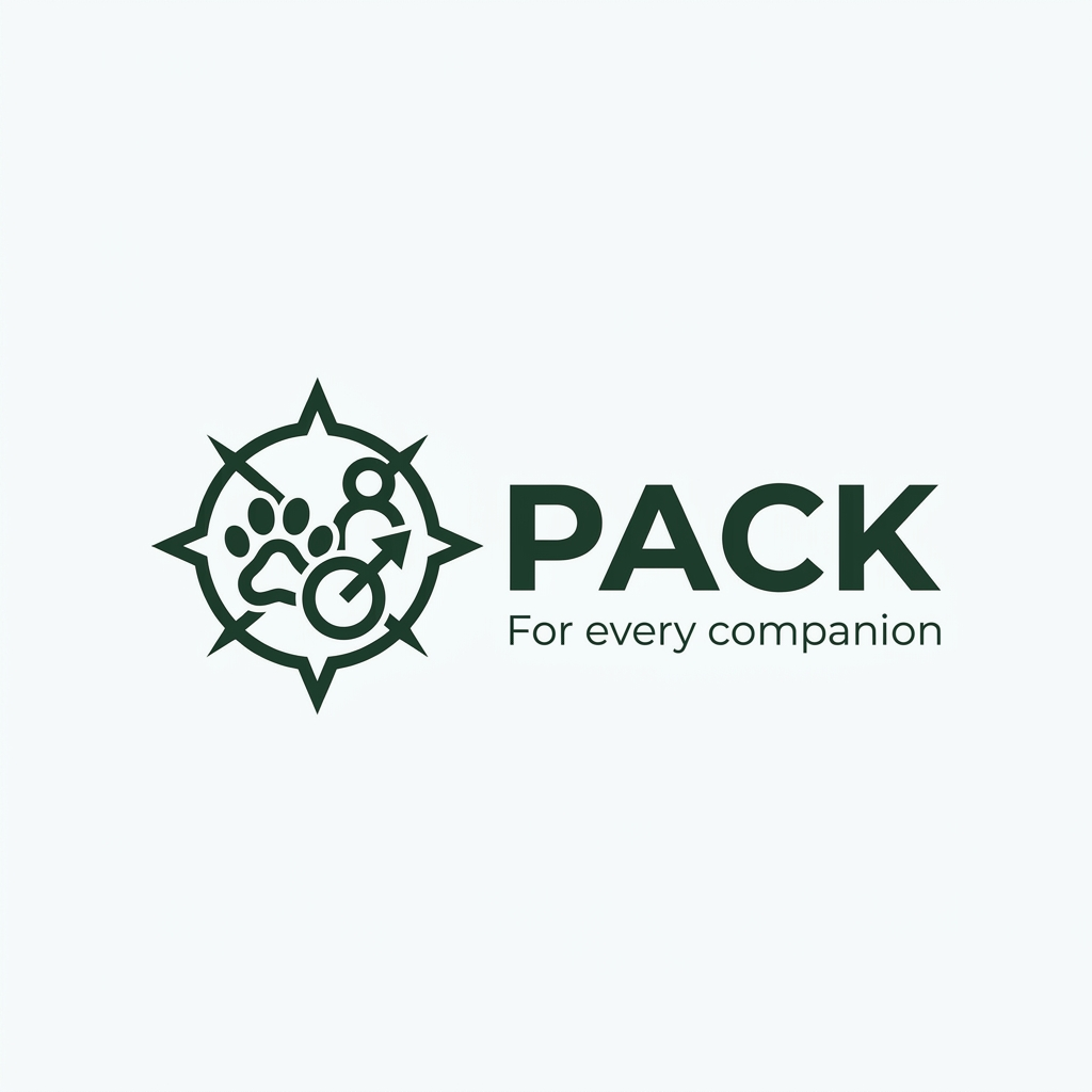 AI Design for A professional, minimalist brand LOGO for PACK, featuring a sleek, modern, sans-serif logotype in deep green. The design includes a subtle, abstract geometric icon representing connection and unity, animals, community, rendered with clean, sharp vector lines on a pristine white background. The composition is balanced and premium, suitable for a high-growth tech platform, with the tagline 'For every companion' set in a refined, lighter-weight typeface for perfect hierarchy.