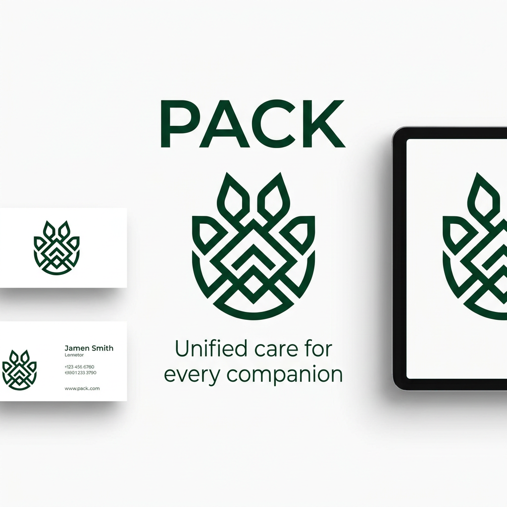 AI Design for A professional, minimalist brand identity for PACK, featuring a sleek, modern, sans-serif logotype in deep green. The design includes a subtle, abstract geometric icon representing connection and unity, animals, community, rendered with clean, sharp vector lines on a pristine white background. The composition is balanced and premium, suitable for a high-growth tech platform, with the tagline 'Unified care for every companion' set in a refined, lighter-weight typeface for perfect hierarchy.