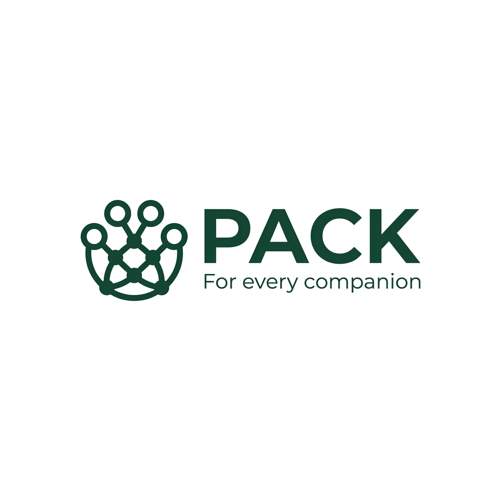 AI Design for A professional, minimalist brand LOGO for PACK, featuring a sleek, modern, sans-serif logotype in deep green. The design includes a subtle, abstract geometric icon representing connection and unity, animals, community, rendered with clean,vector lines on a pristine white background. The composition is balanced and premium, suitable for a high-growth tech platform, with the tagline 'For every companion' set in a refined, lighter-weight typeface for perfect hierarchy. And meaningful LOGO