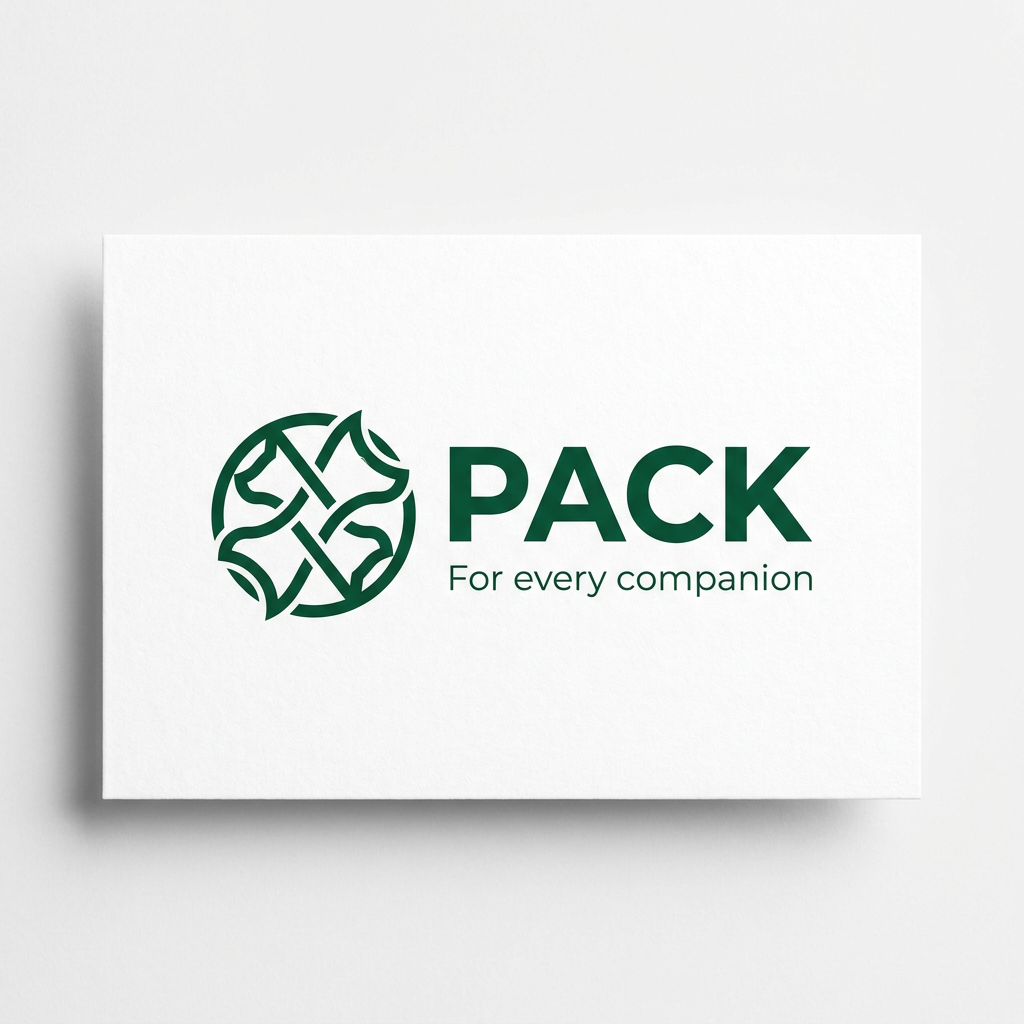 AI Design for A professional, minimalist brand LOGO for PACK, featuring a sleek, modern, sans-serif logotype in deep green. The design includes a subtle, abstract geometric icon representing connection and unity, animals, community, rendered with clean,vector lines on a pristine white background. The composition is balanced and premium, suitable for a high-growth tech platform, with the tagline 'For every companion' set in a refined, lighter-weight typeface for perfect hierarchy. And meaningful LOGO