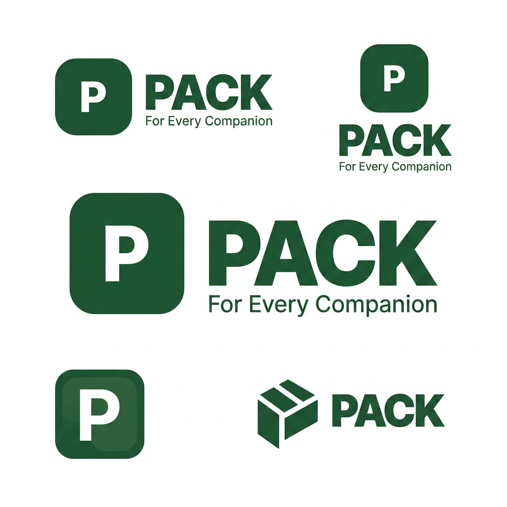 AI Design for Design a modern, professional logo for a brand named “PACK” with the tagline “For Every Companion.”
Brand Context:
PACK is a clean, trustworthy, and scalable brand (likely in the pet/companion ecosystem), so the logo should feel premium, minimal, and reliable, not playful or cartoonish. It should work well for a startup that could grow into a large platform.
Style Direction:
Minimalist, sleek, and highly professional
Inspired by modern tech/startup branding (like health-tech or platform companies)
Avoid clutter, gradients, or overly complex illustrations
Strong emphasis on clarity and brand recall
Typography:
Use a clean, sans-serif font similar to the current PACK branding
Bold or semi-bold weight for “PACK” to make it dominant
Ensure spacing (kerning) is balanced and intentional
The tagline “For Every Companion” should be smaller, lighter, and neatly aligned under or beside the brand name
Color Palette:
Use the same deep green tone as the existing logo (primary brand color)
Background: white or very light neutral
Optional: subtle grayscale tones for variation, but keep it mostly monochromatic
Logo Mark / Icon:
Include a simple, modern icon that complements the name PACK
Ideas to explore (keep subtle, not literal or cartoonish):
Abstract representation of connection, care, or grouping (“pack”)
Minimal pet/companion symbolism (very refined, not obvious)
Geometric or rounded-square icon similar to app branding
Icon should work both:
As part of the full logo
As a standalone app icon / favicon
Layout Variations:
Generate 2–3 variations:
Horizontal layout (icon + PACK + tagline)
Stacked layout (icon above, text below)
App-style icon version (just symbol + “P” or abstract mark)
Overall Feel:
Confident, calm, and premium
Should look like a funded startup’s logo, not a school project
Something that would fit naturally alongside brands like health-tech or platform companies
Output Requirements:
High-resolution
Clean edges, vector-style
Balanced spacing and alignment
White background