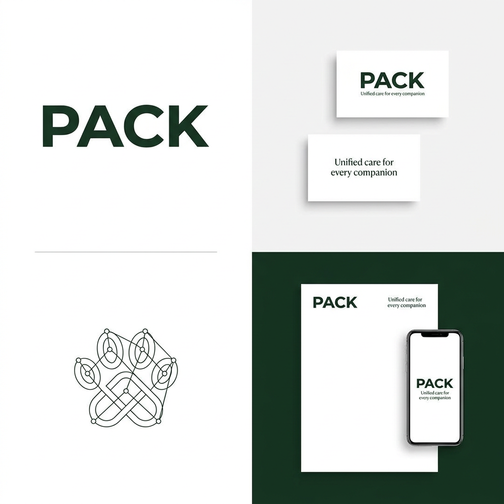 AI Design for A professional, minimalist brand identity for PACK, featuring a sleek, modern, sans-serif logotype in deep green. The design includes a subtle, abstract geometric icon representing connection and unity, animals, community, rendered with clean, sharp vector lines on a pristine white background. The composition is balanced and premium, suitable for a high-growth tech platform, with the tagline 'Unified care for every companion' set in a refined, lighter-weight typeface for perfect hierarchy.