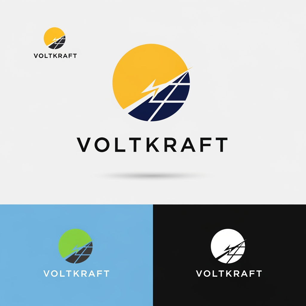 AI Design for act as a graphic designer, I want to create a logo for branding my company, that operates in solar panel installation. I want the design to be minimal and sleek, keep it very professional and give me different colour options as well. Company name - VOLTKRAFT