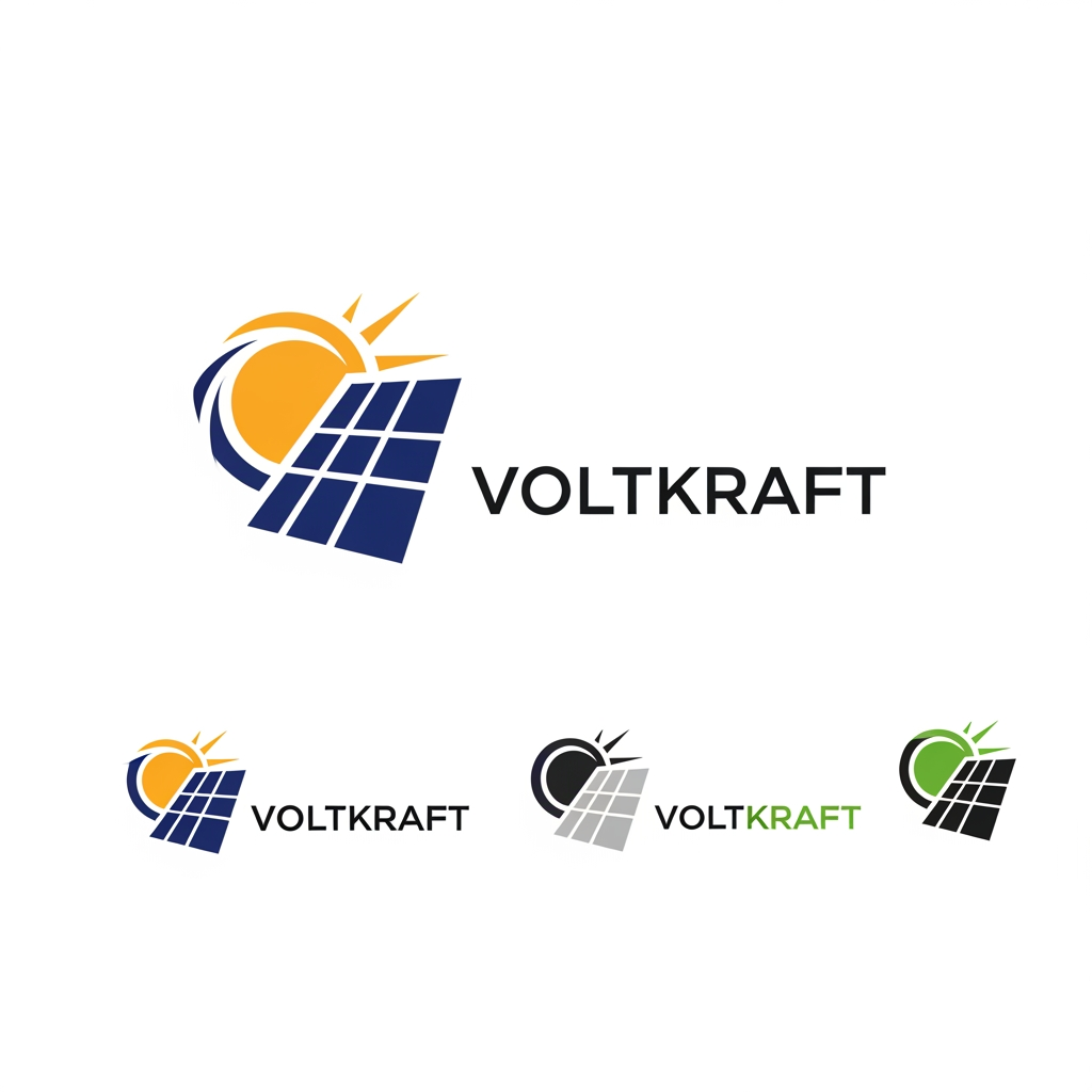 AI Design for act as a graphic designer, I want to create a logo for branding my company, that operates in solar panel installation. I want the design to be minimal and sleek, keep it very professional and give me different colour options as well. Company name - VOLTKRAFT