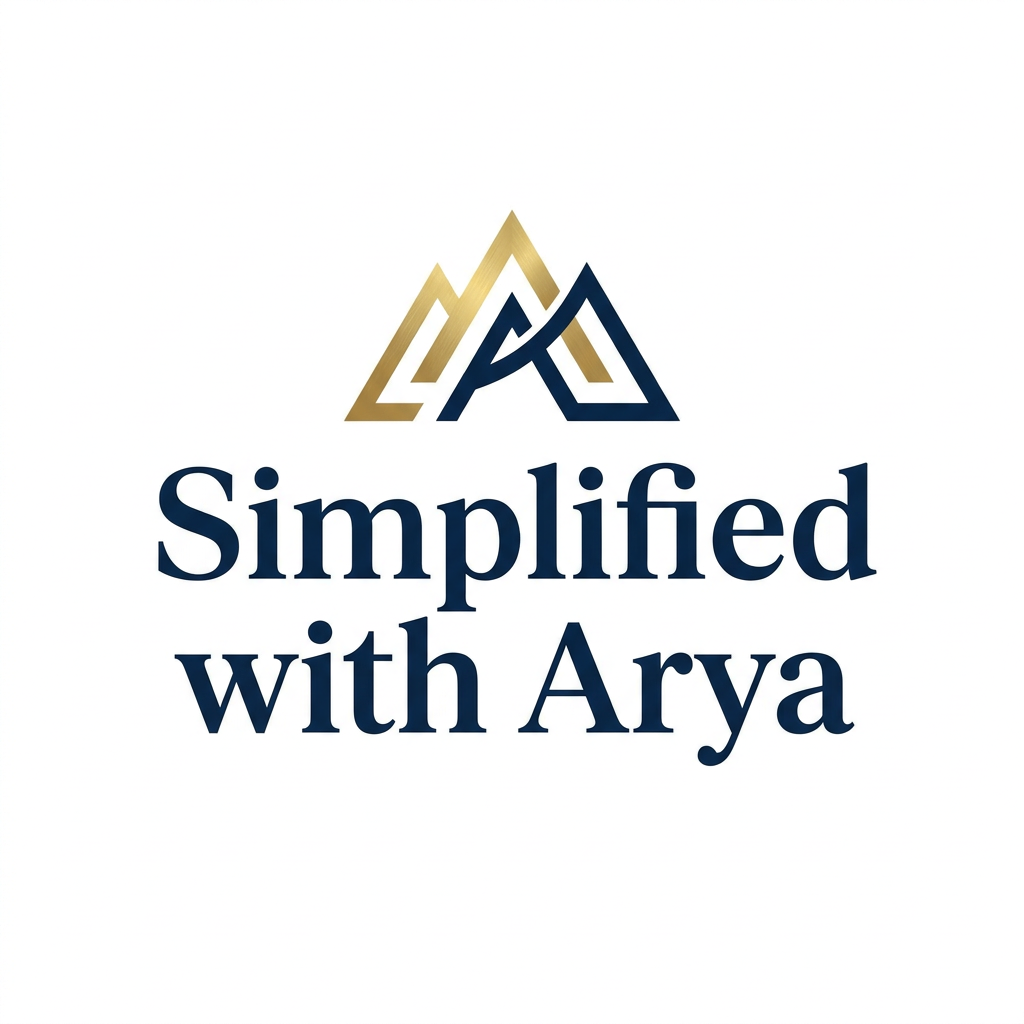 AI Design for A minimalist and sophisticated logo design for a UPSC-focused educational brand, featuring elegant typography that reads 'Simplified with Arya'. The design incorporates a subtle, abstract icon representing wisdom, growth, or a mountain peakwith letter " A " as mountain peak, rendered in a clean professional color palette of deep navy and gold, set against a pristine white background to evoke clarity and academic excellence.