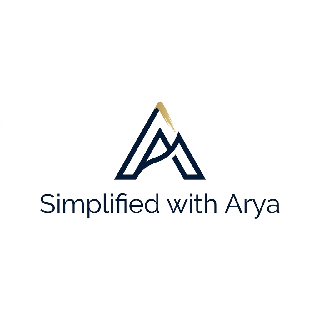 AI Design for A minimalist and sophisticated logo design for a UPSC-focused educational brand, featuring elegant typography that reads 'Simplified with Arya'. The design incorporates a subtle, abstract icon representing wisdom, growth, or a mountain peakwith letter " A " as mountain peak, rendered in a clean professional color palette of deep navy and gold, set against a pristine white background to evoke clarity and academic excellence.