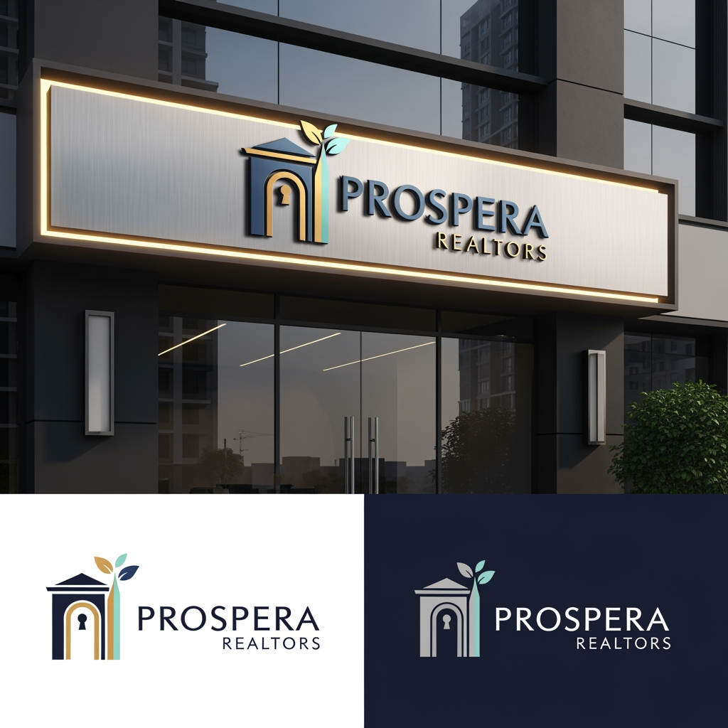 AI Design for Design a best logo for my brand PROSPERA REALTORS and give me todays fashion aesthetic formal professional real estate vibes in it and overall best in the business commercial workspace is located in Omaxe world street faridabad , Give me some designs i want some logos for my real estate office give me some great realistic logos for my office name "prospera realtors"i want some logos for my real estate office give me some great realistic logos for my office name "prospera realtors"