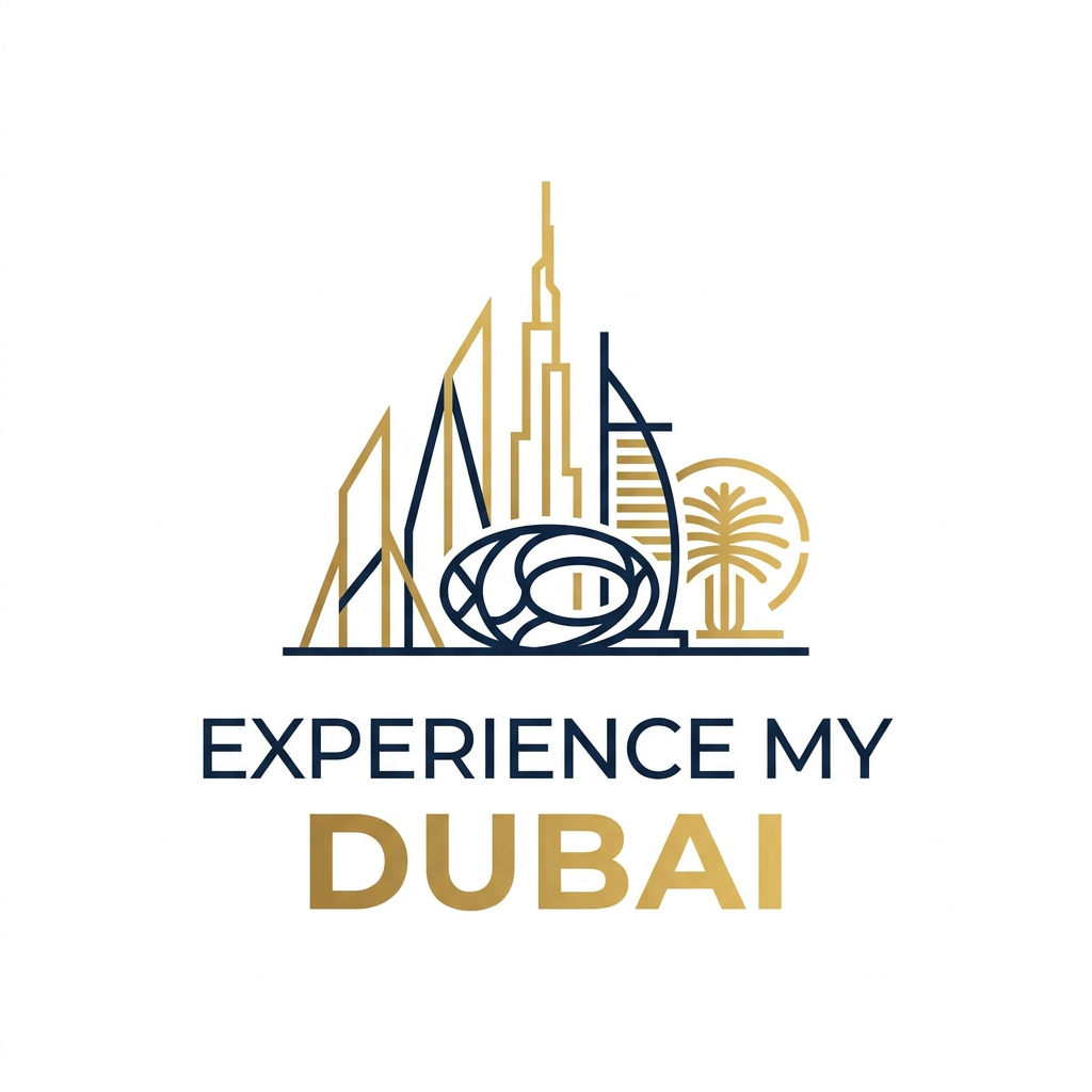 AI Design for A sleek, modern minimalist logo design for 'Experience My Dubai'. The design features sharp geometric lines and a sophisticated typography, incorporating subtle iconic motifs of the Dubai skyline in a clean, professional aesthetic. Use a luxurious gold and deep navy color palette against a crisp white background for a high-end, premium brand identity.